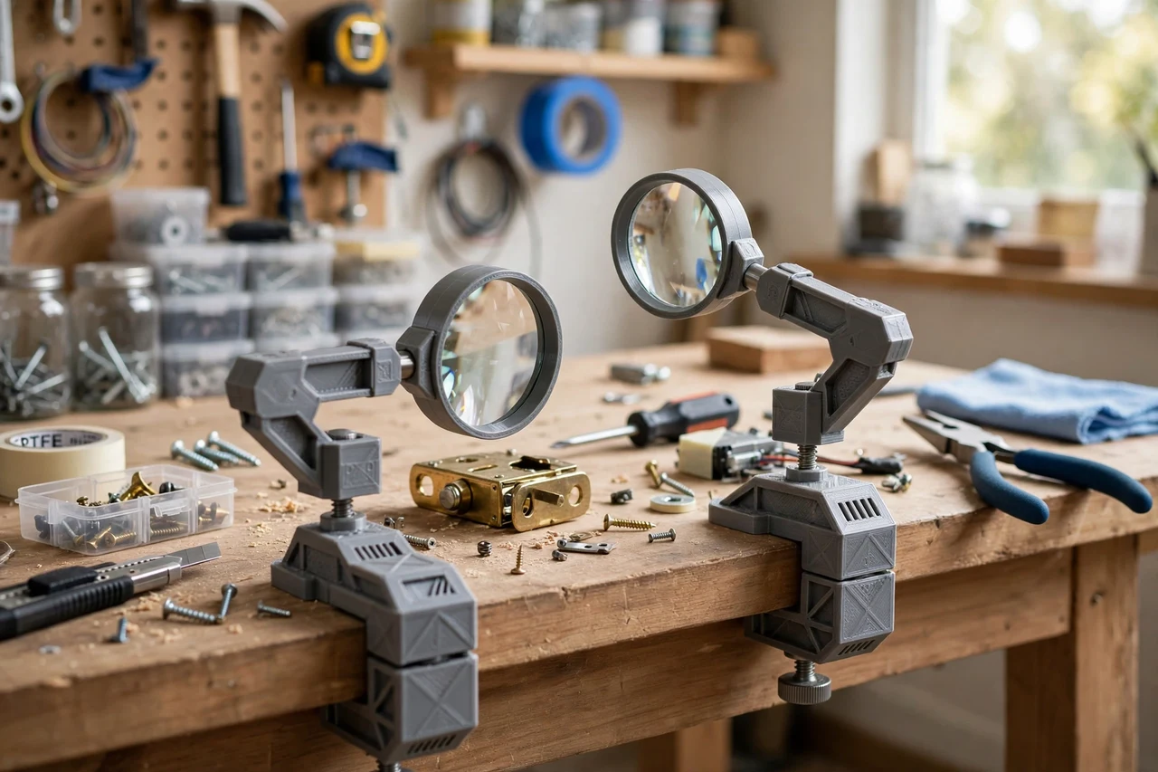 View of the finished 3D printed clamp-on bench magnifier holders in use on a home repair project on a workbench, tidy workshop background in soft focus, bright natural light