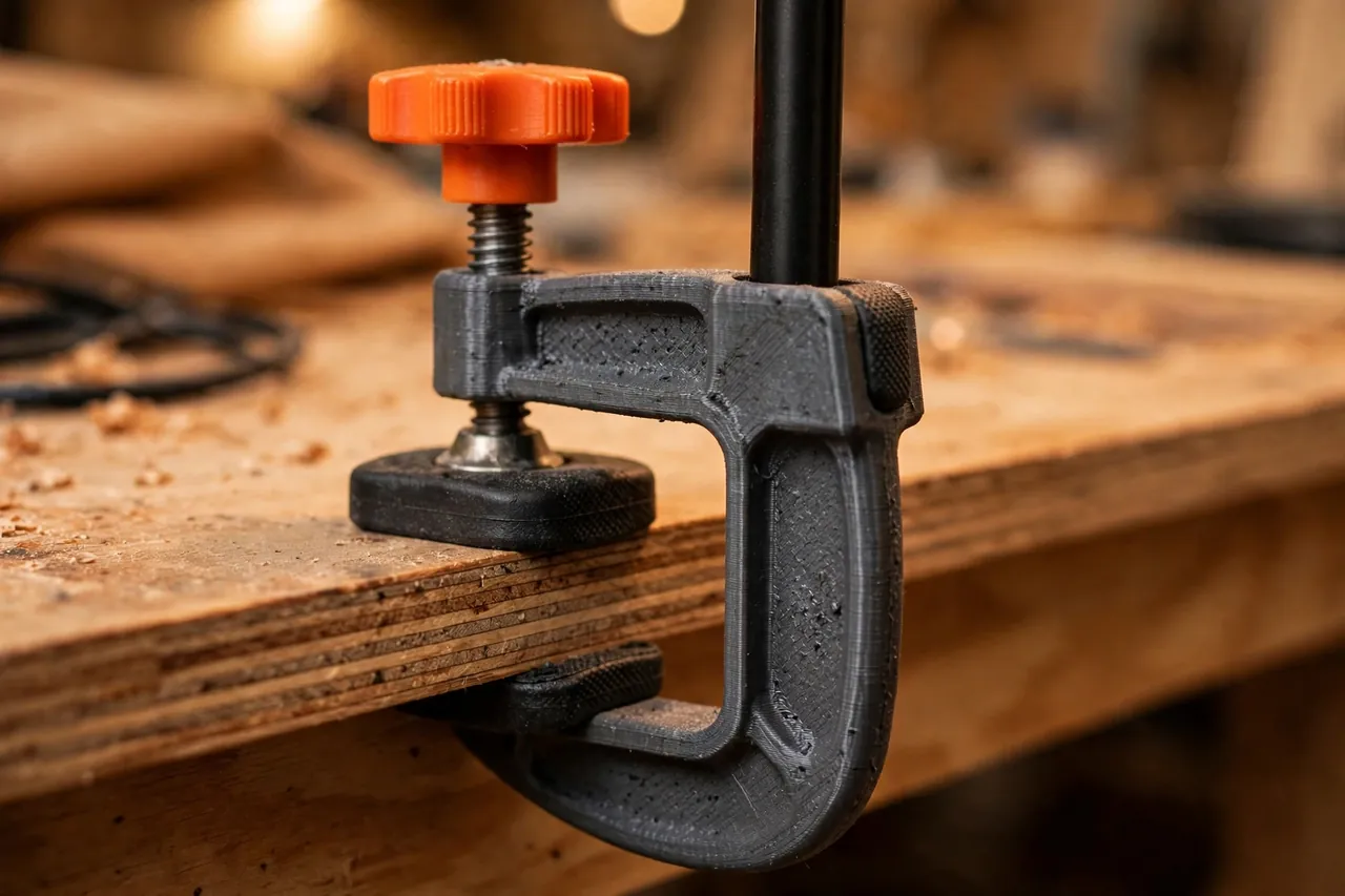 Close-up of a charcoal-gray printed C-clamp mount tightened onto a shelf edge with a large orange thumb screw