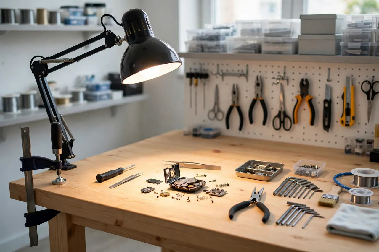 A tidy workbench lit by a clamp-mounted task lamp aimed at a small repair project, tools laid out neatly in the pool of light