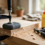 A bright home workshop scene on a light oak workbench