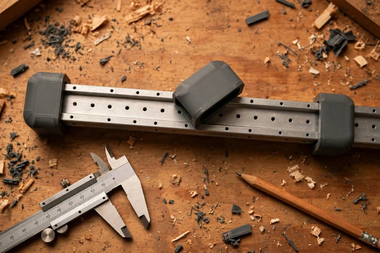 Close-up top-down view of a matte charcoal-gray 3D printed clamp rack end caps being test-fitted against a clamp rack rail finished with neat end caps on a workbench, calipers and a pencil nearby, warm workshop lighting