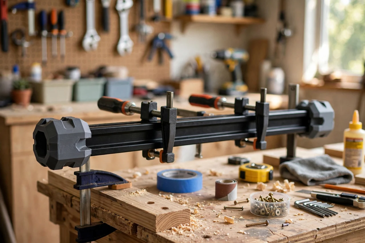View of the finished 3D printed clamp rack end caps in use on a home repair project on a workbench, tidy workshop background in soft focus, bright natural light