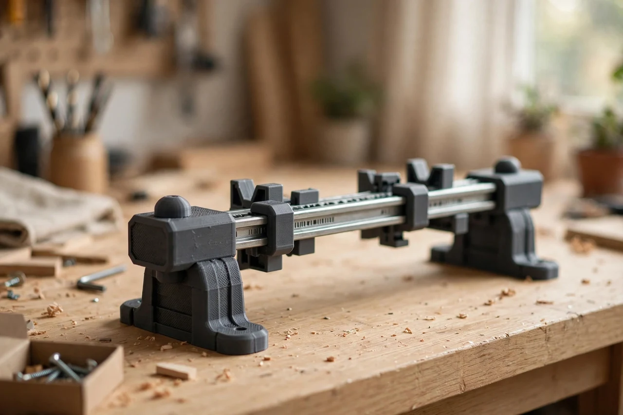 Home workshop scene on a light oak workbench, a matte charcoal-gray 3D printed clamp rack end caps holding a clamp rack rail finished with neat end caps, soft natural window light, shallow depth of field