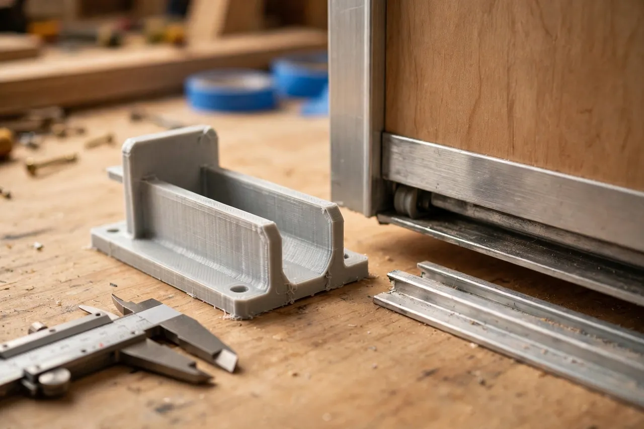 Close-up view of a 3D printed closet door guide bracket beside a bypass door bottom edge and a short section of floor track on a workbench, calipers