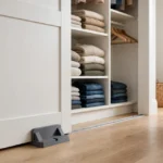 A bright bedroom closet scene, a bypass closet door with a matte charcoal-gray 3D printed guide bracket fitted at the floor