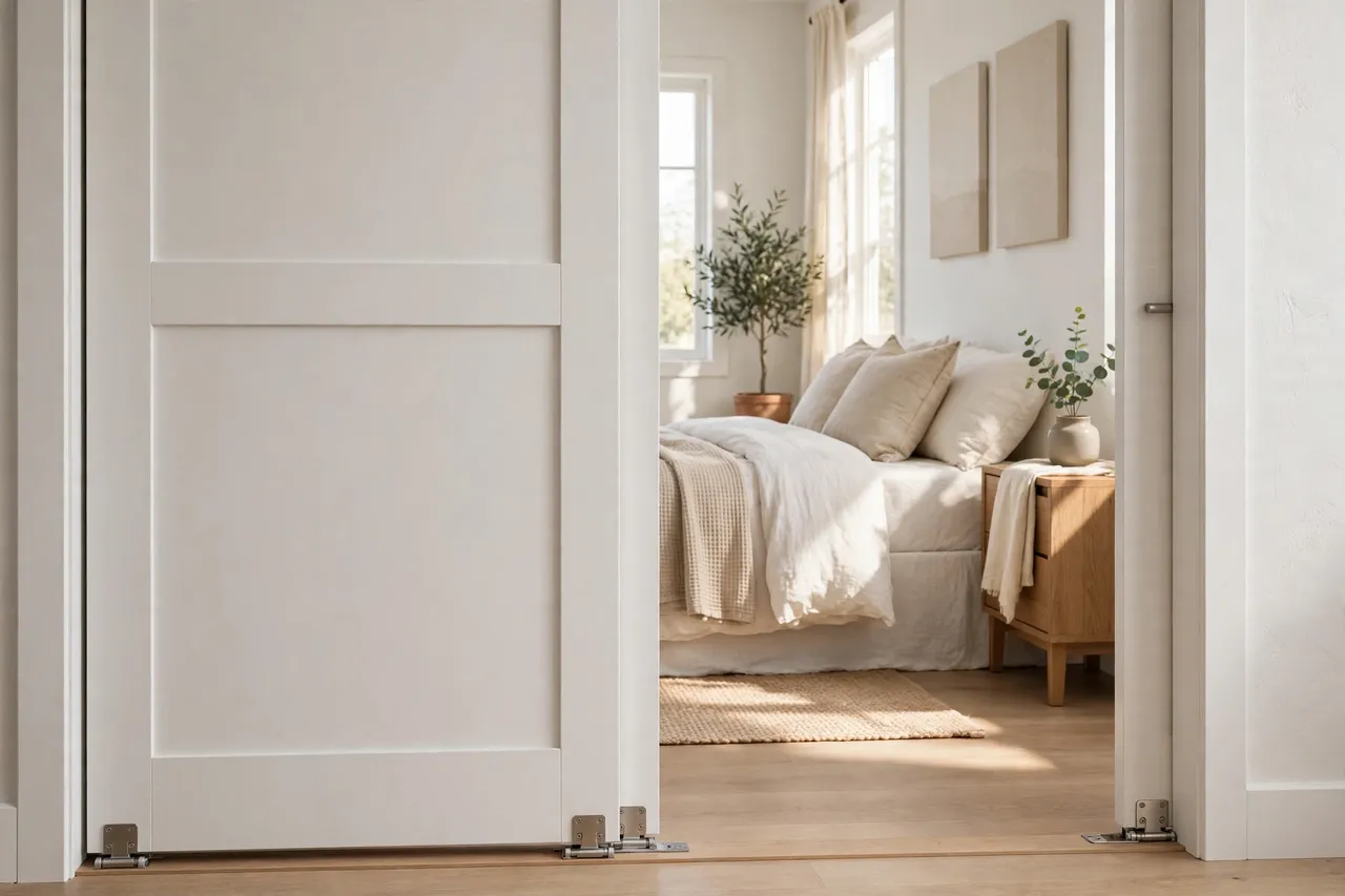 A finished bypass closet door sliding smoothly with neat printed guide brackets at the base, a tidy bedroom beyond, bright natural light