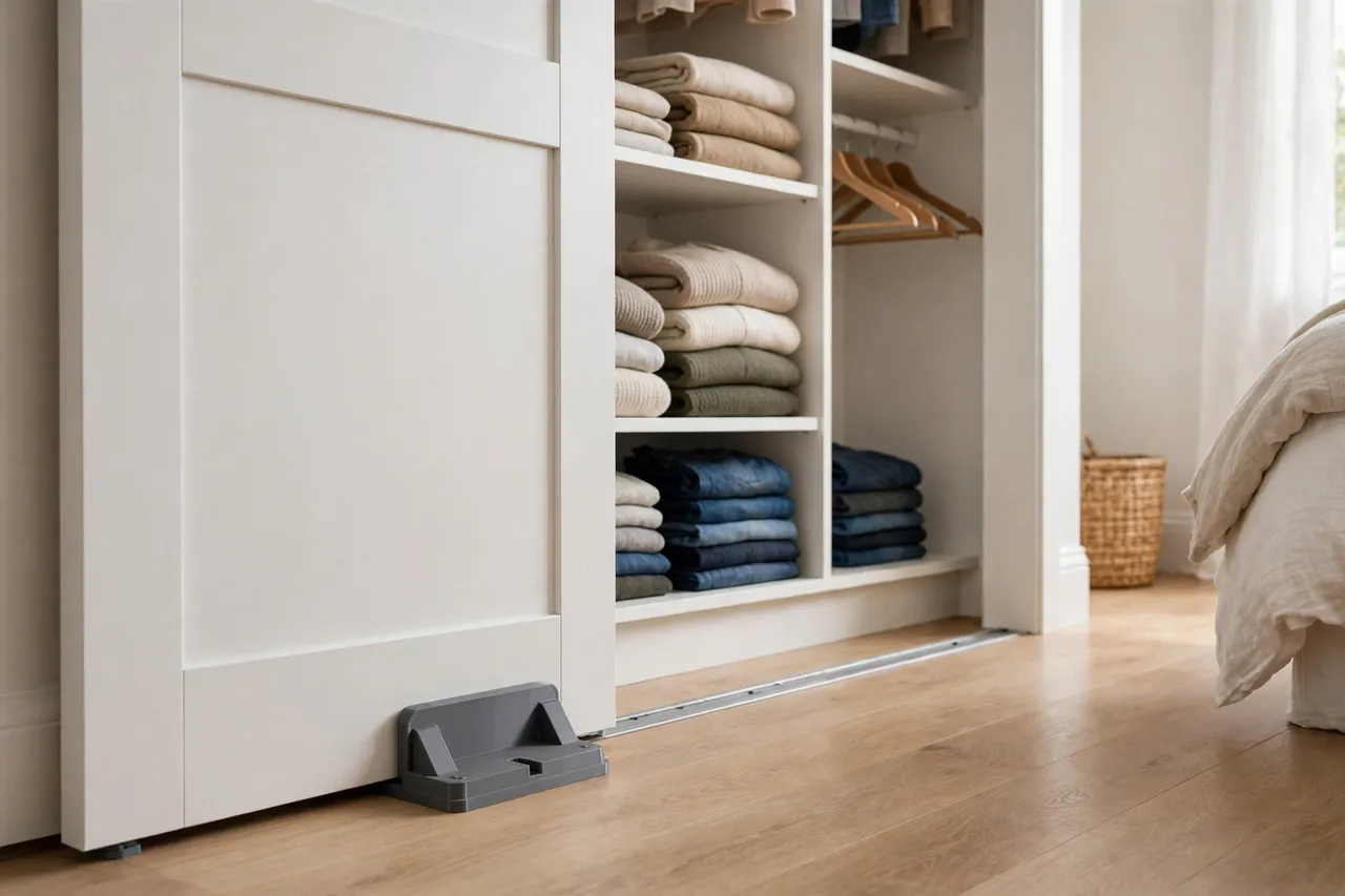 A bright bedroom closet scene, a bypass closet door with a matte charcoal-gray 3D printed guide bracket fitted at the floor