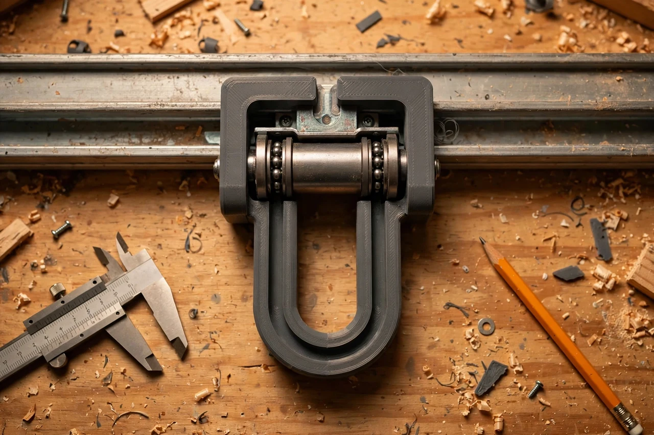 Close-up top-down view of a matte charcoal-gray 3D printed closet door roller alignment gauge being test-fitted against closet door rollers and top tracks on a workbench, calipers and a pencil nearby, warm workshop lighting