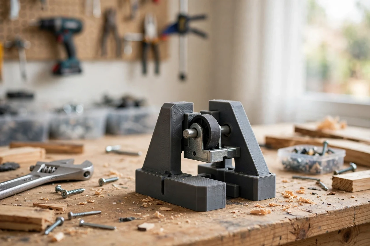View of the finished 3D printed closet door roller alignment gauge in use on a home repair project on a workbench, tidy workshop background in soft focus, bright natural light