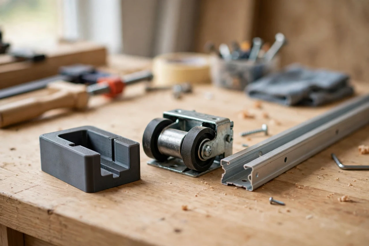 Home workshop scene on a light oak workbench, a matte charcoal-gray 3D printed closet door roller alignment gauge beside a closet door roller and a top track section, soft natural window light, shallow depth of field