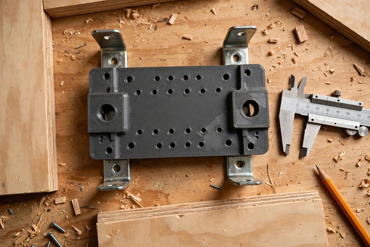 Close-up top-down view of a matte charcoal-gray 3D printed closet rod bracket drilling template being test-fitted against closet rod brackets and side panels on a workbench, calipers and a pencil nearby, warm workshop lighting