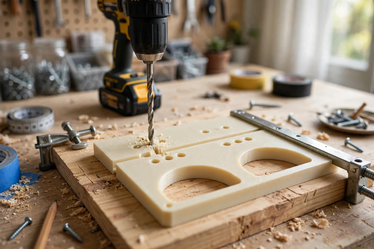 View of the finished 3D printed closet rod bracket drilling template in use on a home repair project on a workbench, tidy workshop background in soft focus, bright natural light