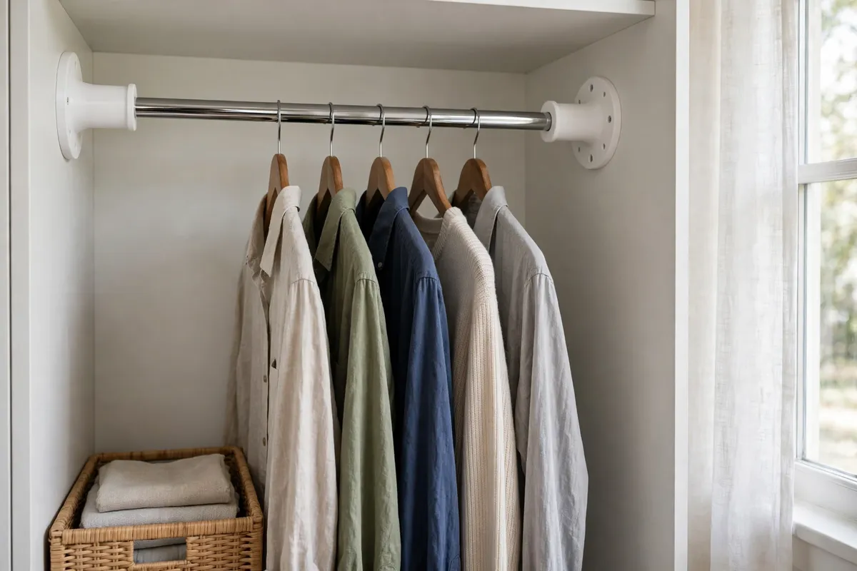Inside a tidy wardrobe closet, a chrome closet rod resting level in a pair of matte white 3D printed rod sockets with round flange covers, clothes