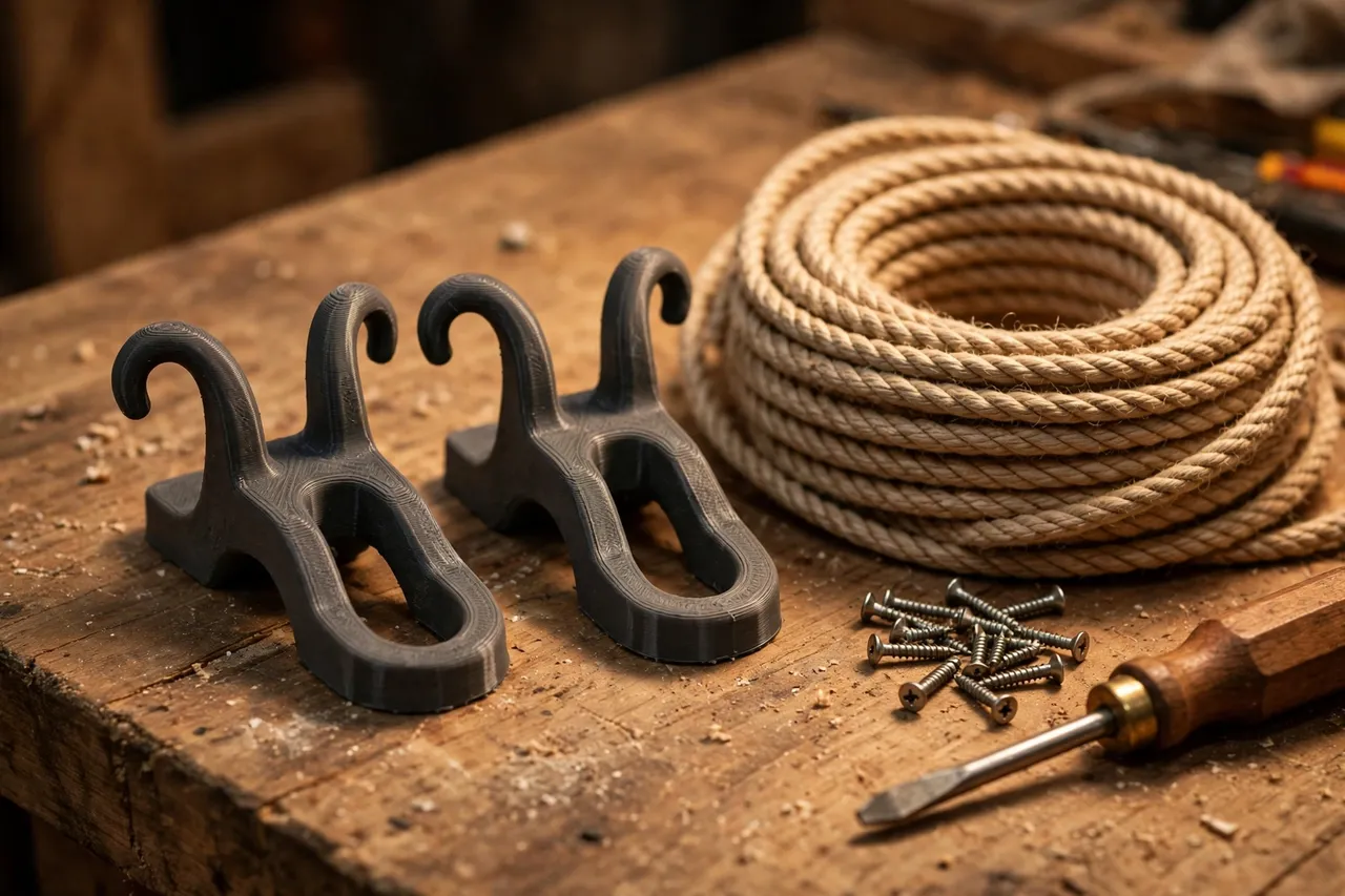 Close-up on a workbench of two 3D printed clothesline cleats in charcoal gray beside a coil of washing line rope