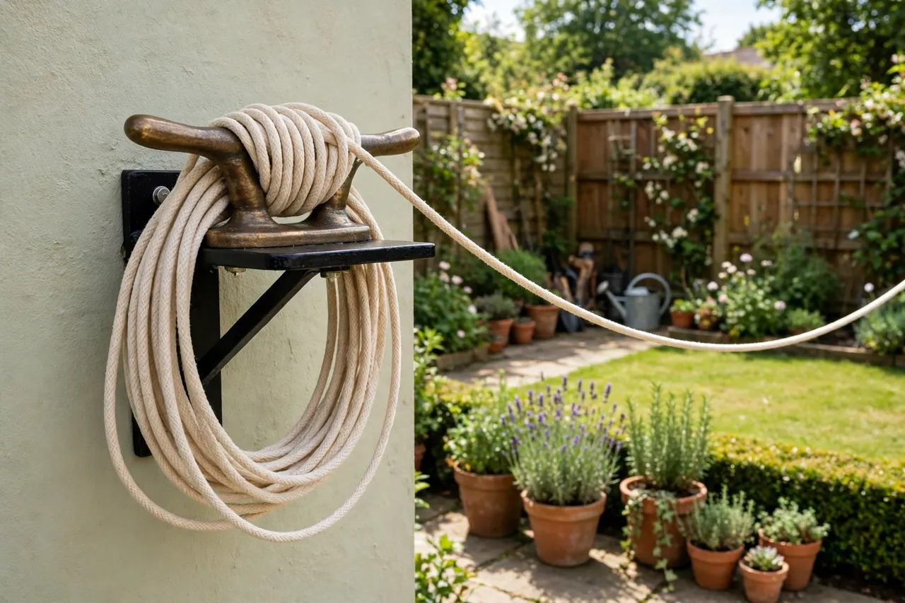 A finished garden washing line setup with a cleat on a wall bracket and the line wound neatly around it