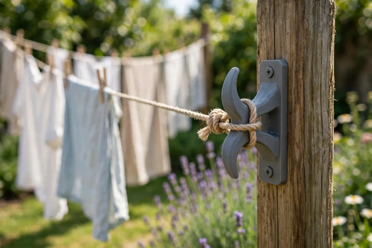 A bright sunny garden scene, a washing line tied off around a matte gray 3D printed clothesline cleat mounted on a wooden post