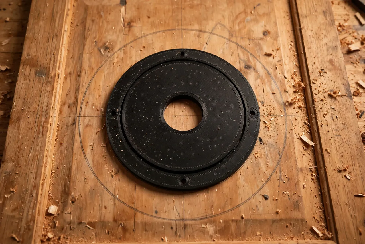Close-up top-down view of a 3D printed template with a round 35mm guide hole centered on a wooden cabinet door on a workbench
