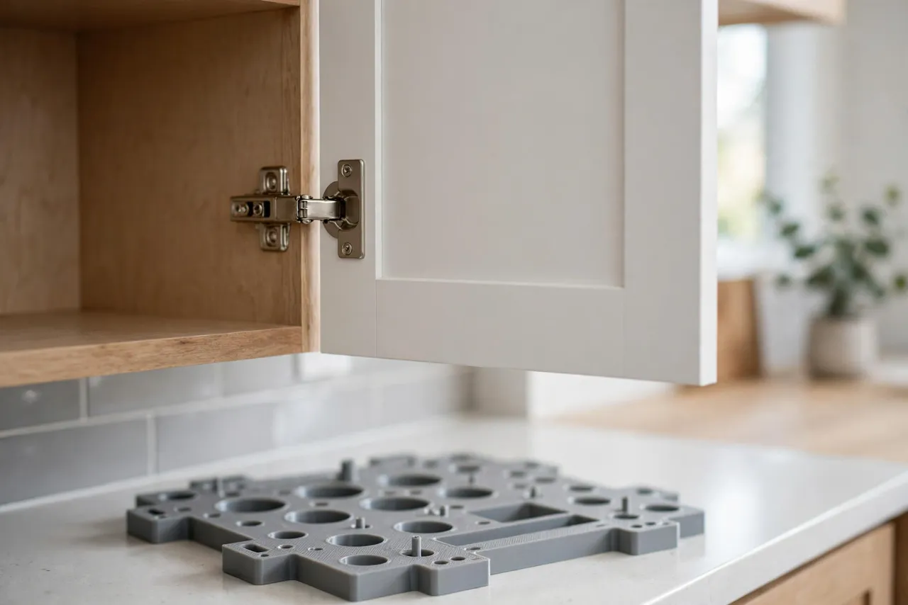 A finished cabinet door fitted with shiny concealed hinges mounted into clean round cups, hanging level on a kitchen cabinet frame