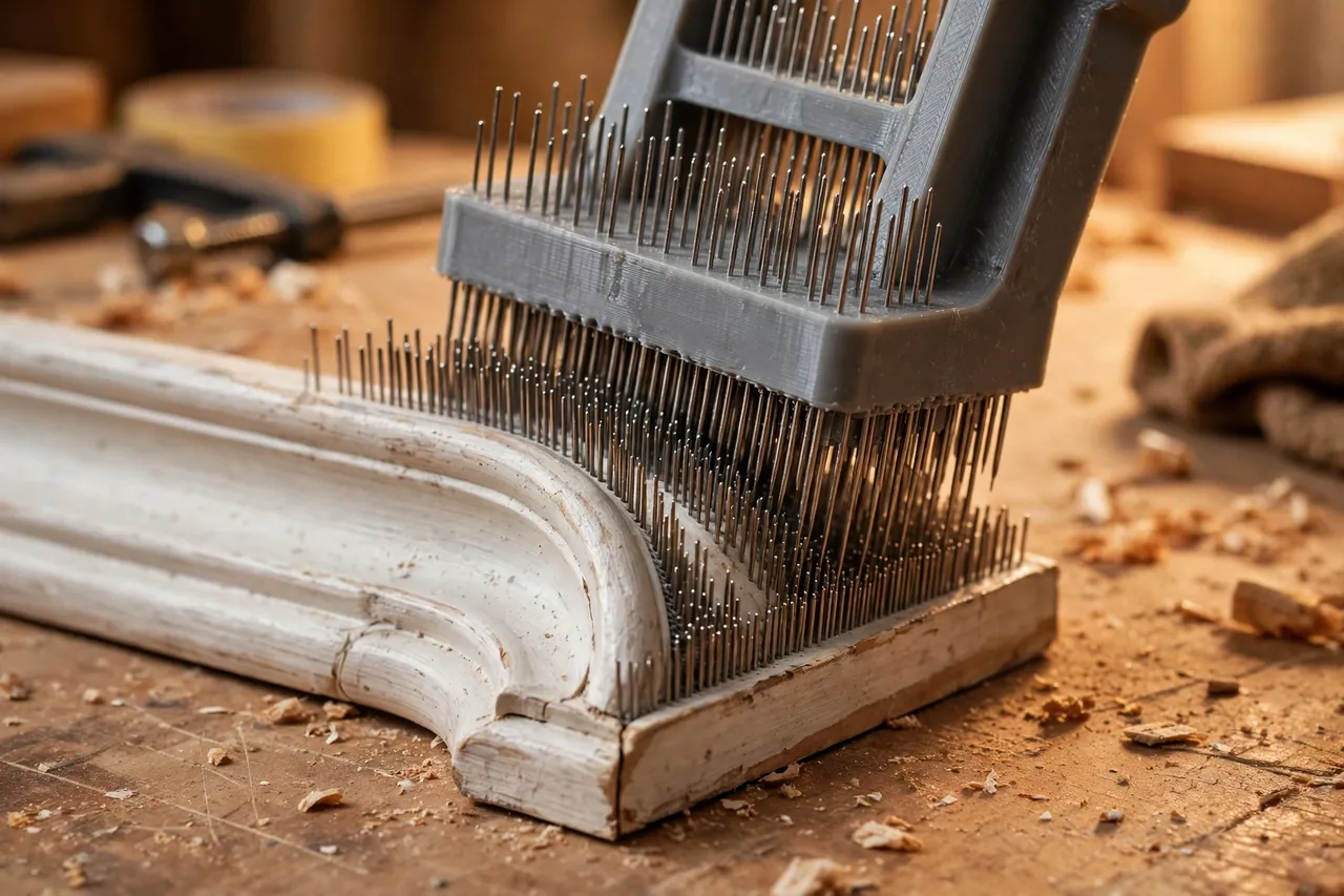 Close-up view of a 3D printed contour gauge's fine pins conforming tightly around the curved profile of a skirting board corner on a workbench, every