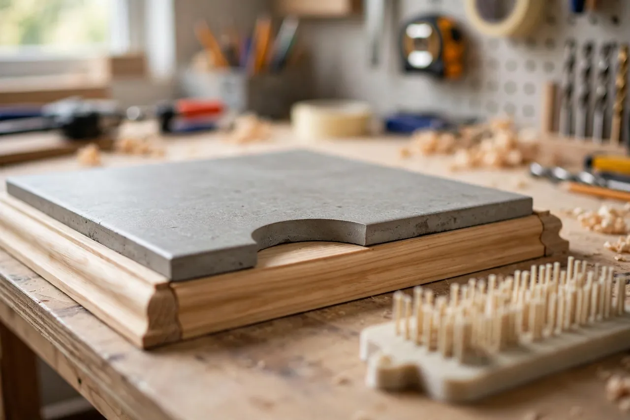 A tile with a neatly cut curved notch fitted snugly around a trim profile on a workbench display
