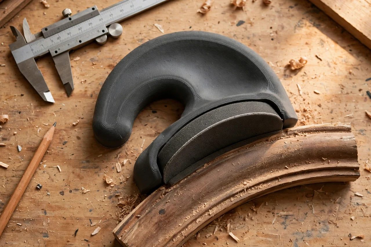 Close-up top-down view of a matte charcoal-gray 3D printed contour sanding pad holder being test-fitted against a curved moulding that needs sanding on a workbench, calipers and a pencil nearby, warm workshop lighting