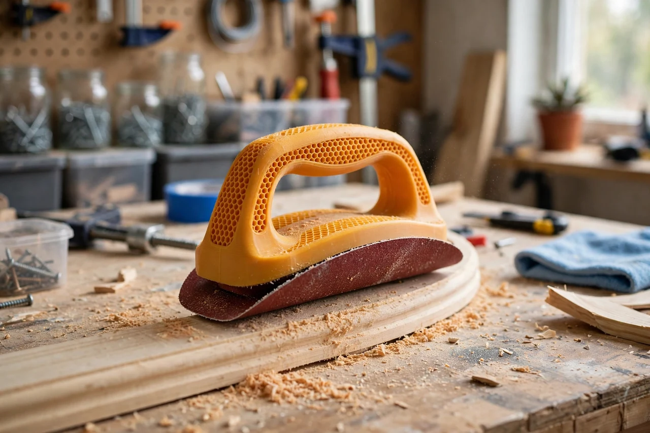 View of the finished 3D printed contour sanding pad holder in use on a home repair project on a workbench, tidy workshop background in soft focus, bright natural light