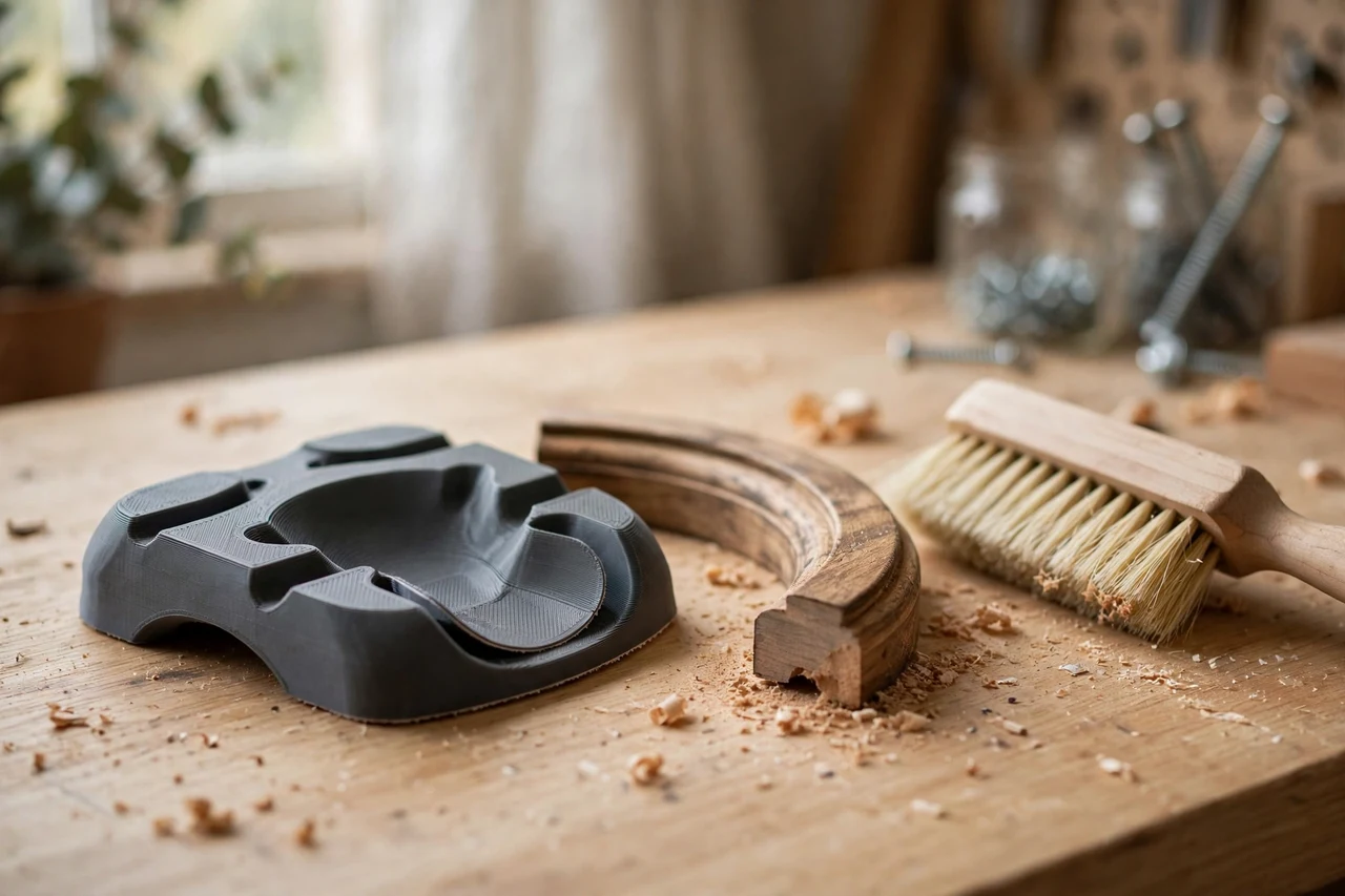 Home workshop scene on a light oak workbench, a matte charcoal-gray 3D printed contour sanding pad holder beside a curved moulding offcut and dust brush, soft natural window light, shallow depth of field