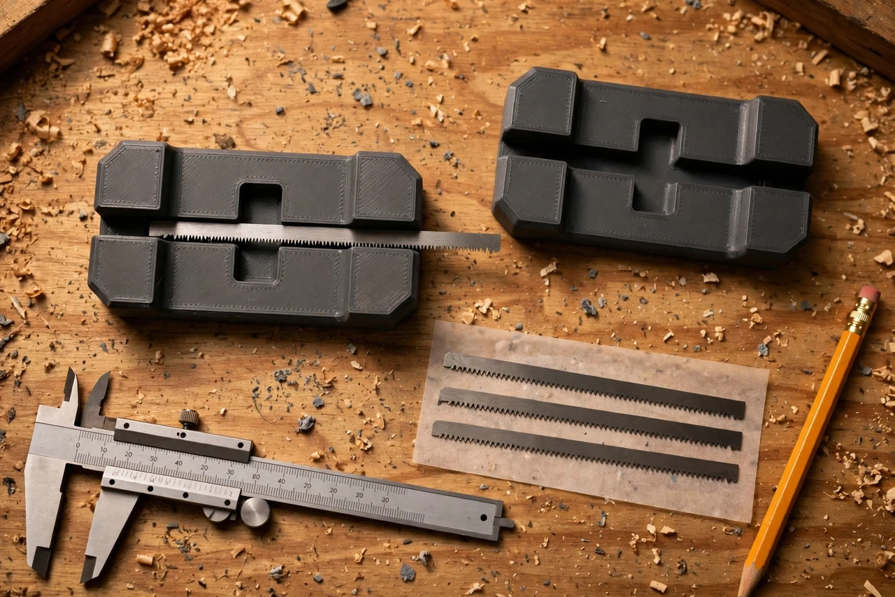 Close-up top-down view of a matte charcoal-gray 3D printed coping saw blade holders being test-fitted against spare coping saw blades kept flat and protected on a workbench, calipers and a pencil nearby, warm workshop lighting