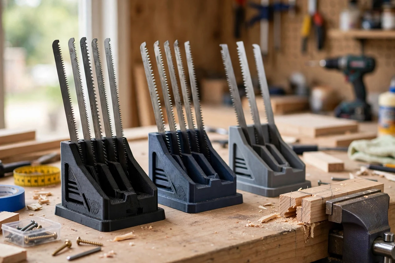 View of the finished 3D printed coping saw blade holders in use on a home repair project on a workbench, tidy workshop background in soft focus, bright natural light
