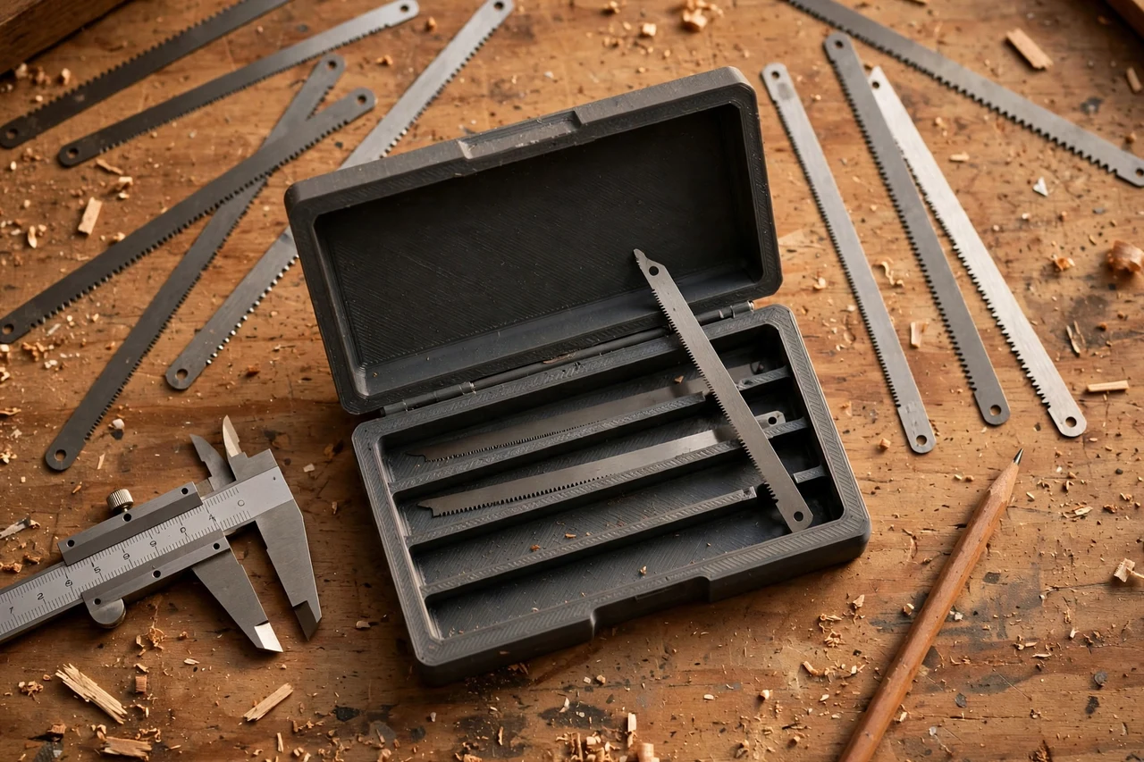 Close-up top-down view of a matte charcoal-gray 3D printed coping saw blade storage case being test-fitted against spare coping saw blades kept between jobs on a workbench, calipers and a pencil nearby, warm workshop lighting