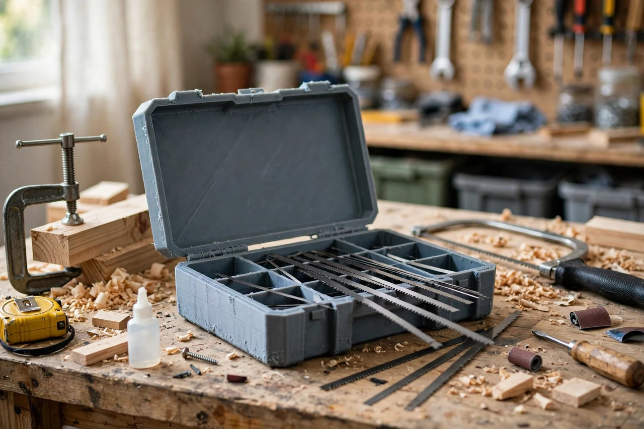 View of the finished 3D printed coping saw blade storage case in use on a home repair project on a workbench, tidy workshop background in soft focus, bright natural light