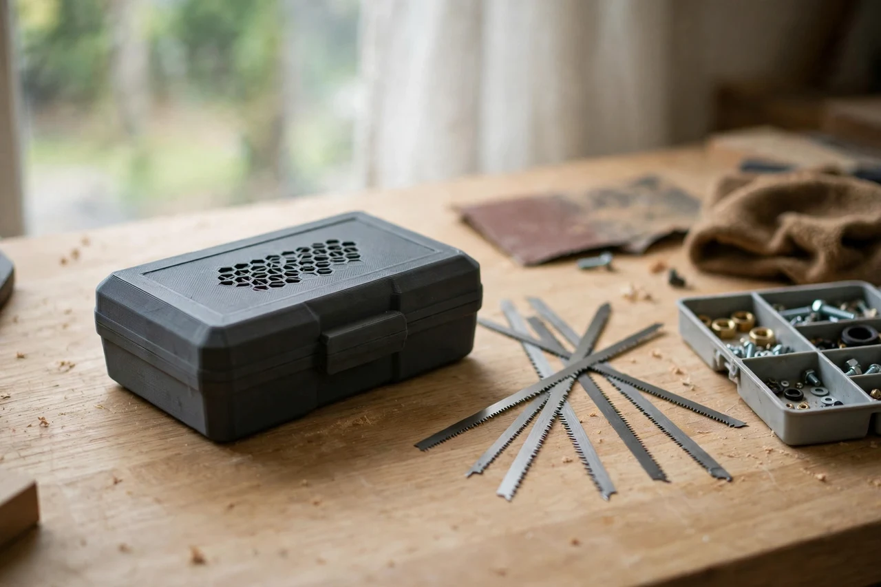 Home workshop scene on a light oak workbench, a matte charcoal-gray 3D printed coping saw blade storage case beside coping saw blades and a small parts tray, soft natural window light, shallow depth of field