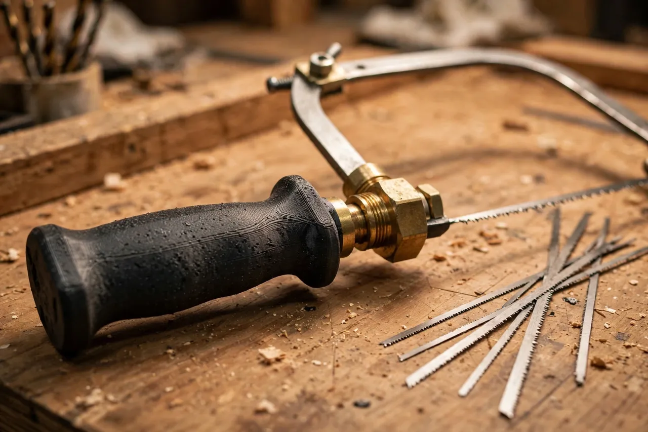 Close-up view of a 3D printed coping saw handle with a brass fitting attaching it to a steel coping saw frame