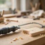 A bright home workshop scene on a light oak workbench