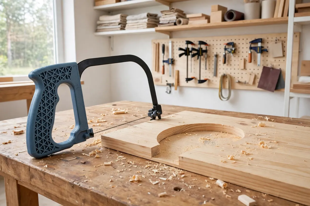 A coping saw with a printed handle resting on a workbench beside a pine board with a neat curved cutout, bright clean workshop interior