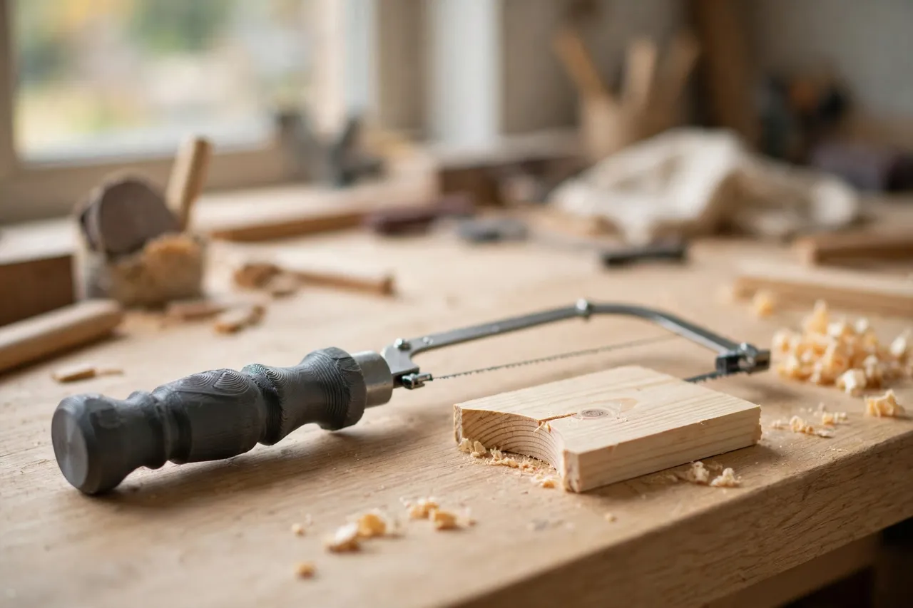 A bright home workshop scene on a light oak workbench