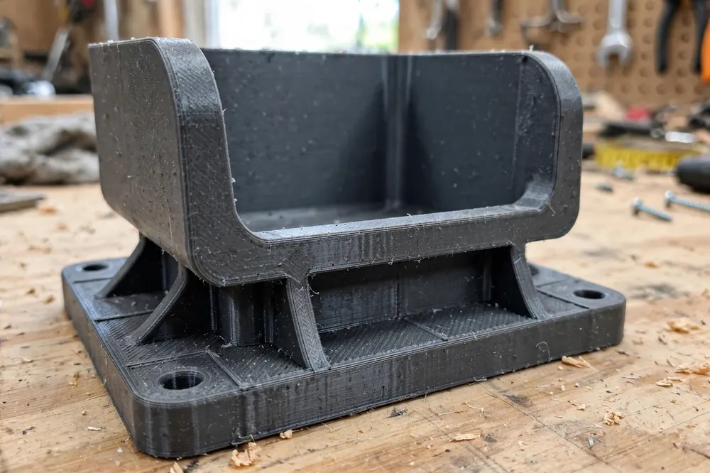 Close-up of a single empty 3D printed cordless tool wall mount on a workbench showing its wide cradle