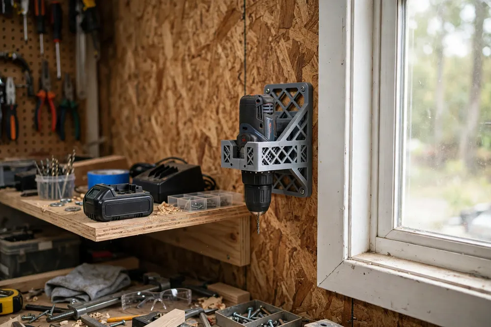 A cordless drill resting nose-down in a wall-mounted 3D printed cradle holder beside a window in a garage workshop