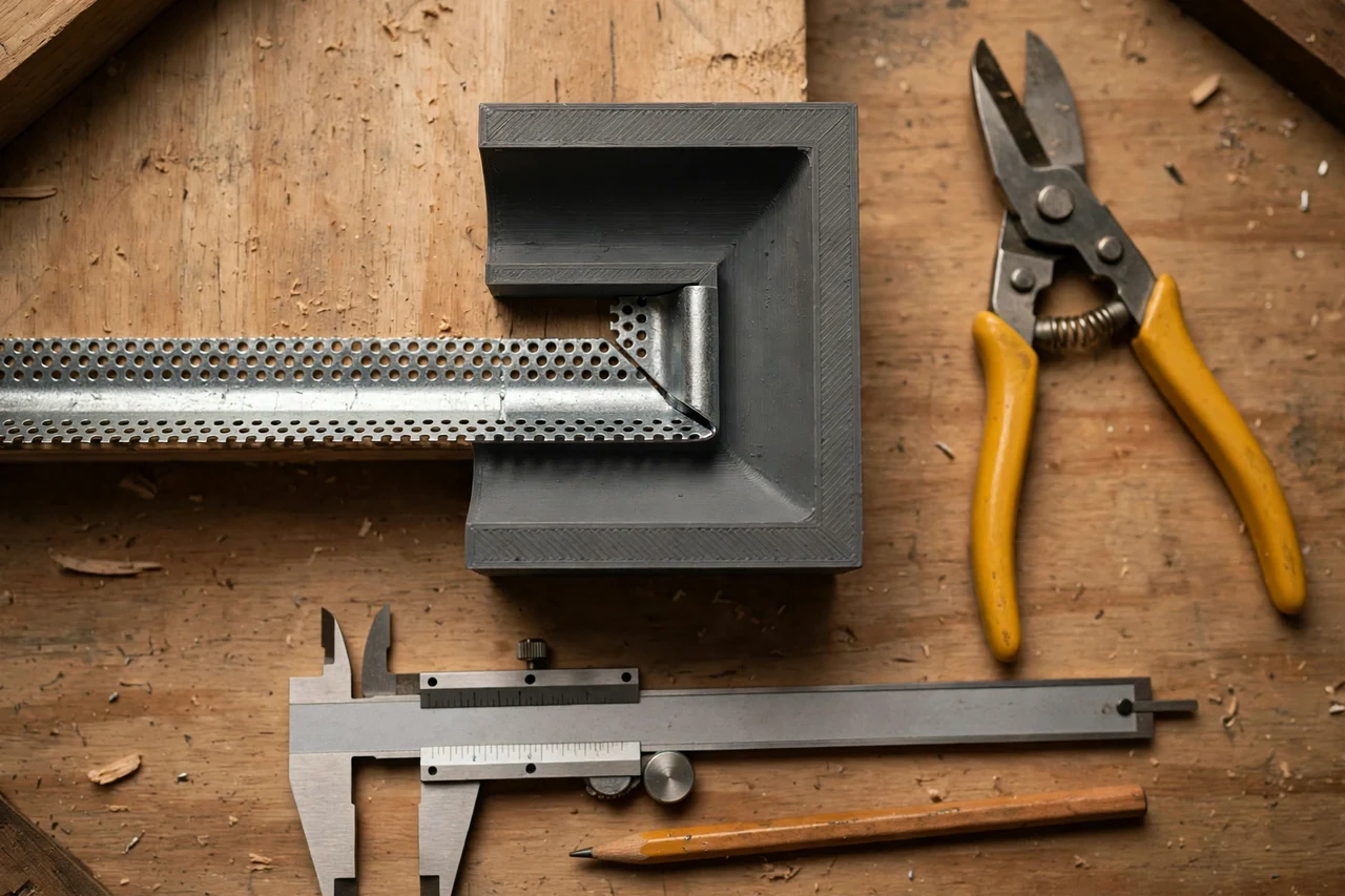 Close-up top-down view of a matte charcoal-gray 3D printed corner bead trimming guide being test-fitted against corner bead and tin snips on a workbench, calipers and a pencil nearby, warm workshop lighting