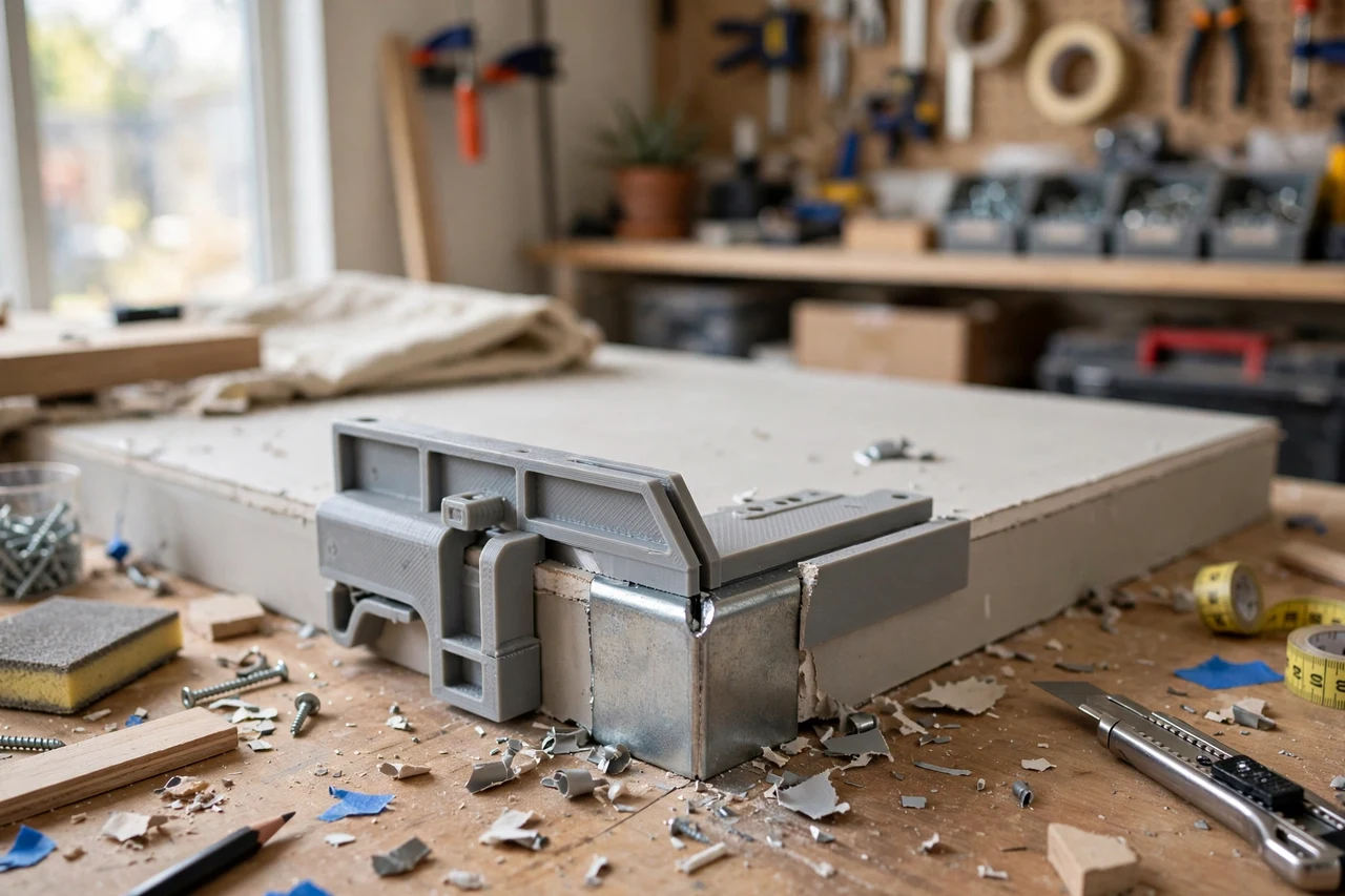 View of the finished 3D printed corner bead trimming guide in use on a home improvement project on a workbench, tidy workshop background in soft focus, bright natural light