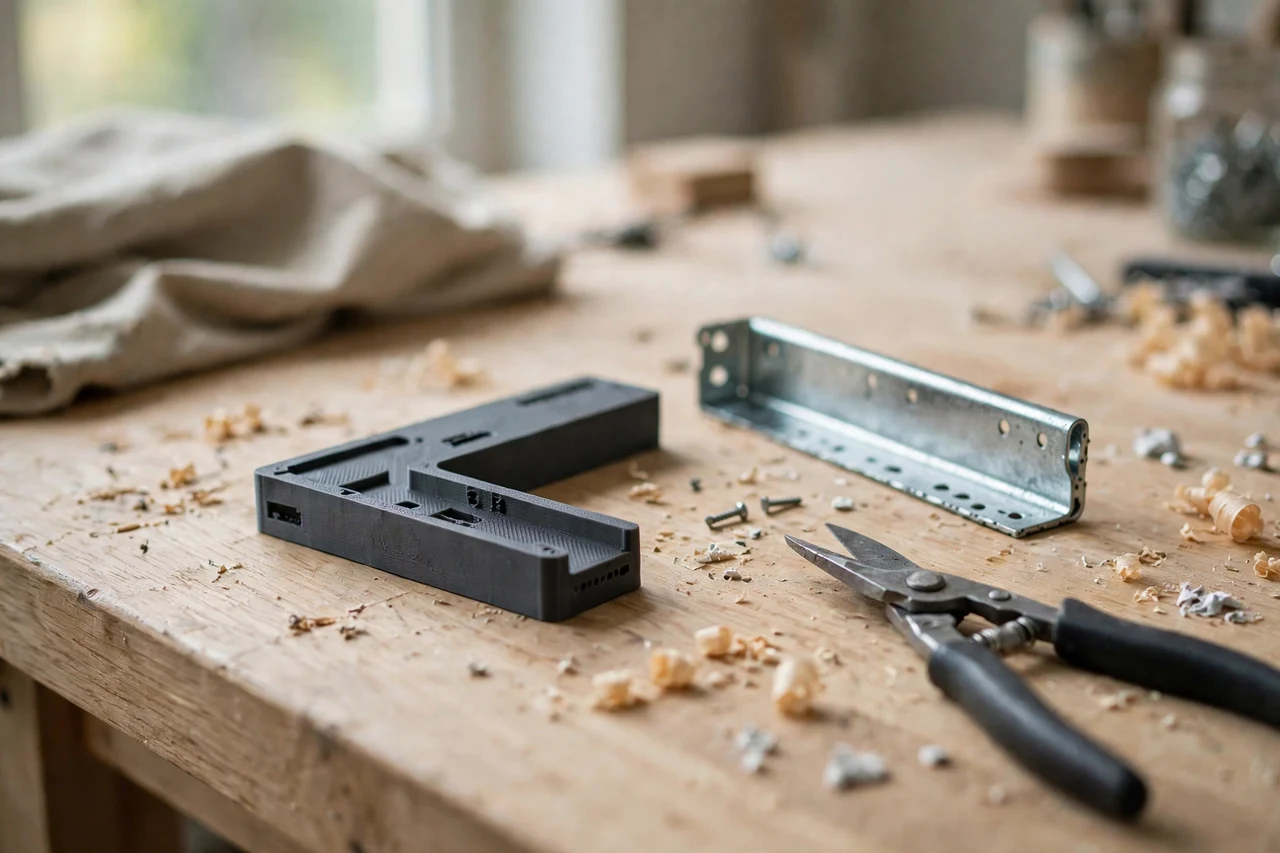 Home workshop scene on a light oak workbench, a matte charcoal-gray 3D printed corner bead trimming guide beside corner bead and snips, soft natural window light, shallow depth of field