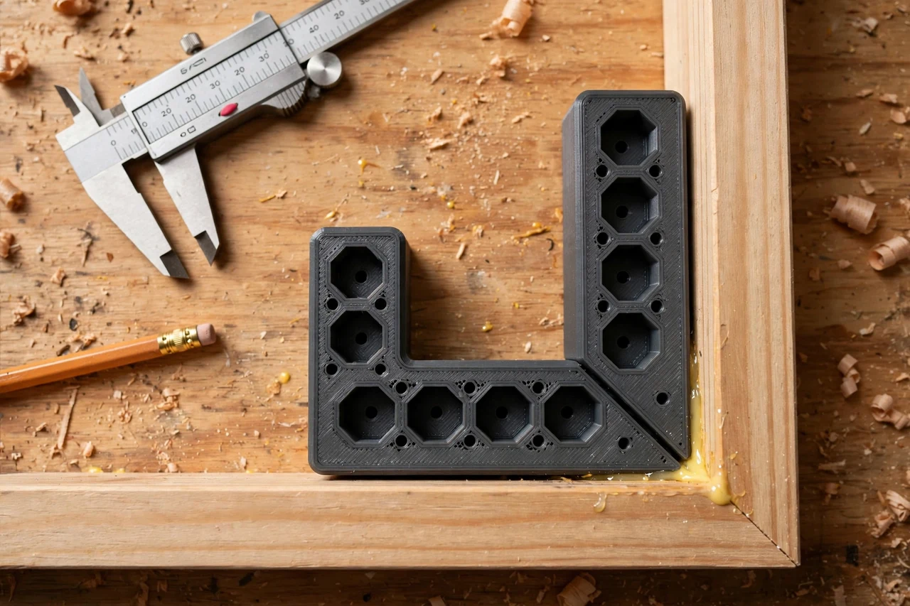 Close-up top-down view of a matte charcoal-gray 3D printed corner clamp alignment blocks being test-fitted against two boards held at a right angle for gluing on a workbench, calipers and a pencil nearby, warm workshop lighting