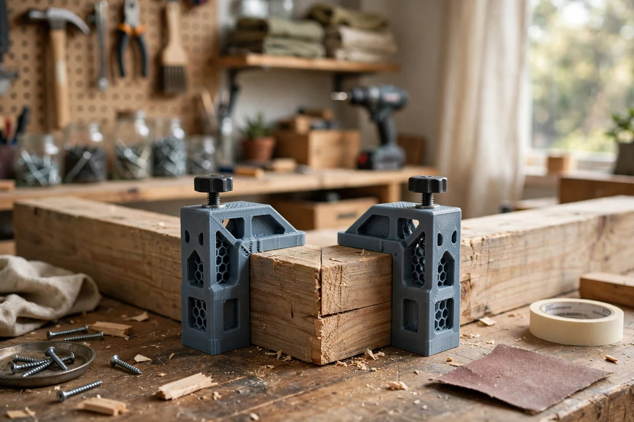 View of the finished 3D printed corner clamp alignment blocks in use on a home repair project on a workbench, tidy workshop background in soft focus, bright natural light