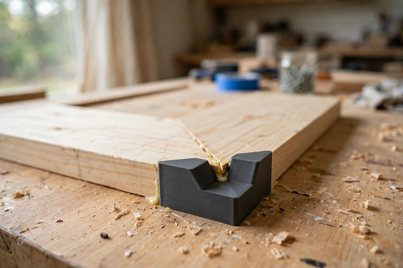 Home workshop scene on a light oak workbench, a matte charcoal-gray 3D printed corner clamp alignment blocks holding two boards held at a right angle for gluing, soft natural window light, shallow depth of field