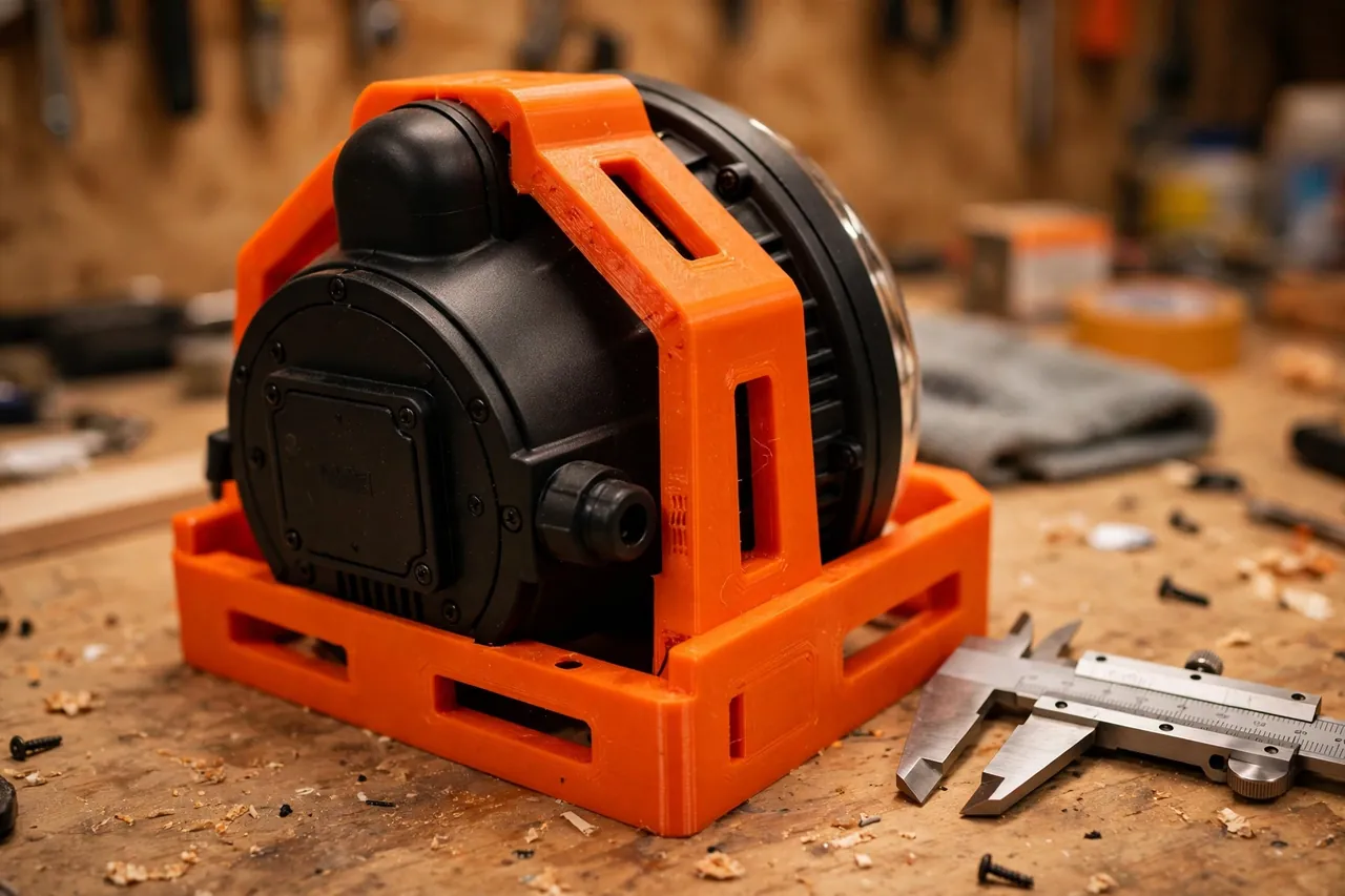 Close-up of a bright-orange 3D printed corner mount cradling the back of a sealed solar motion light on a workbench