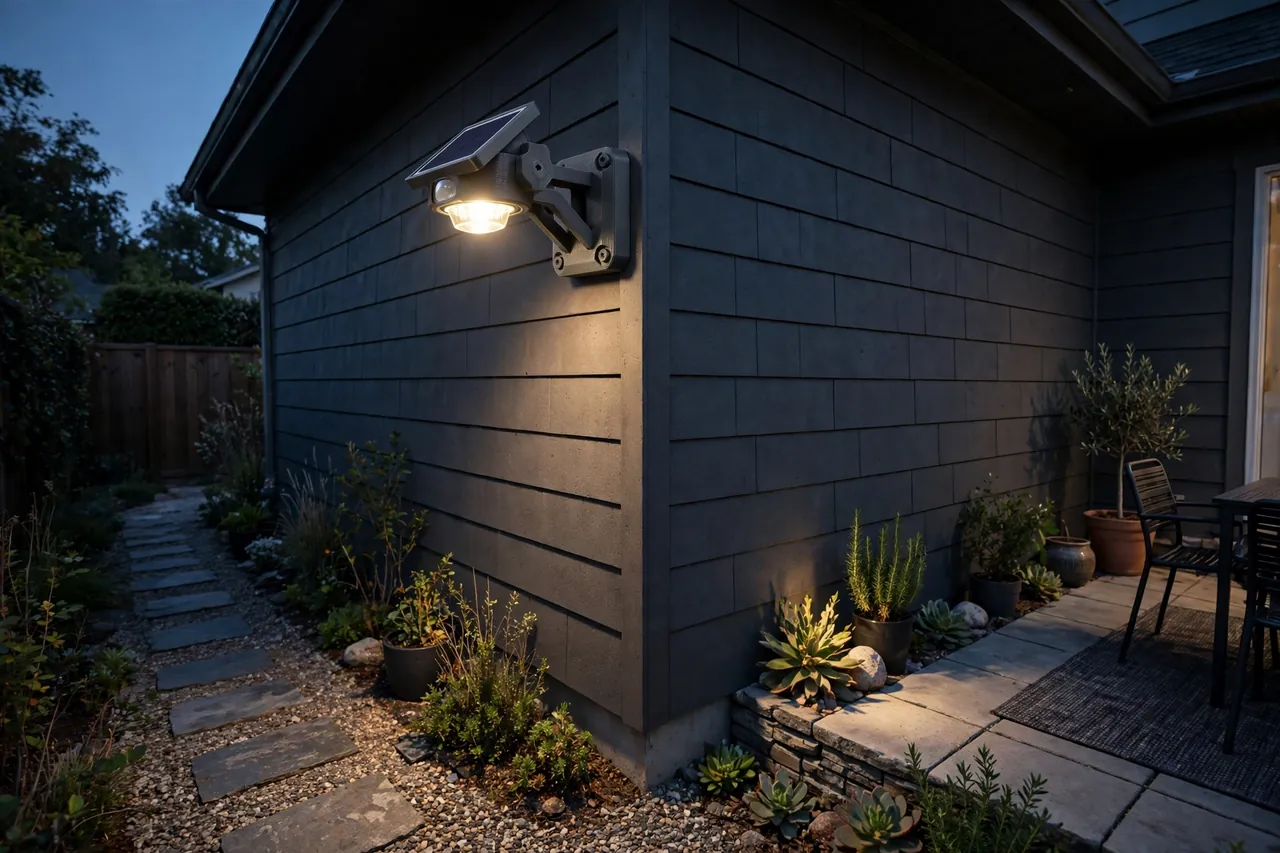 A finished corner installation at dusk with the solar motion light mounted at the house corner casting light down a side path and across