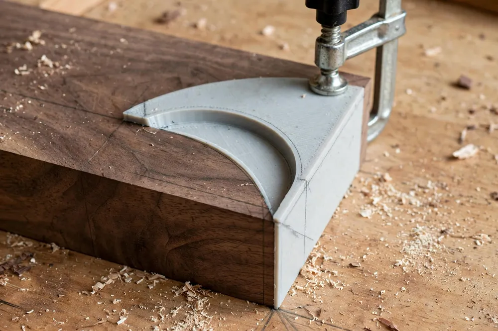 Close-up of a single 3D printed corner radius template clamped to the corner of a walnut board