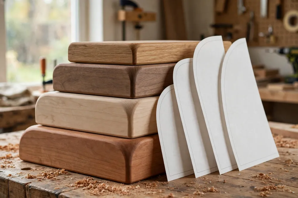Four finished boards stacked to show identical rounded corners of different radii, from a small tight curve to a large sweeping one