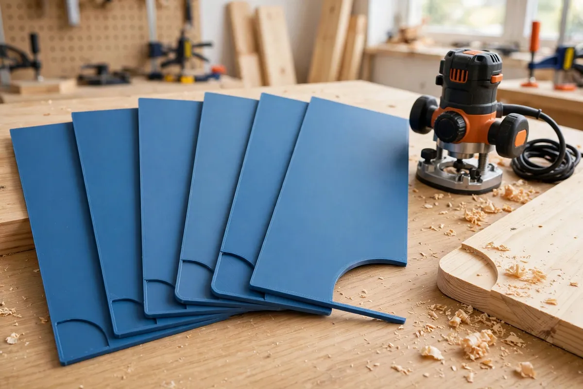 A set of matte blue 3D printed corner radius templates fanned out on a light oak workbench beside a compact trim router