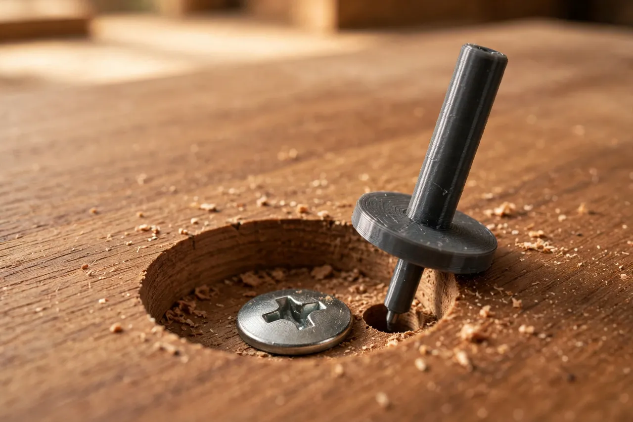 Close-up view of a 3D printed depth setter gauge checking the depth of a countersunk hole in a medium-brown hardwood board